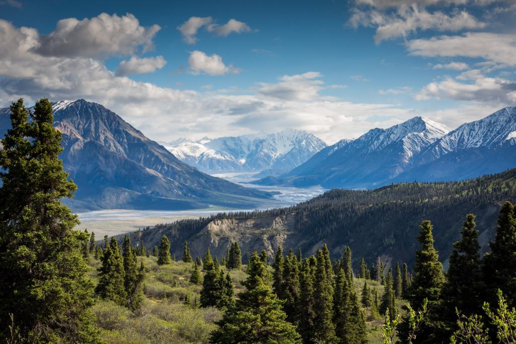 mountains, forests and a winding river in Kluane National Park and Reserve, place in Yukon