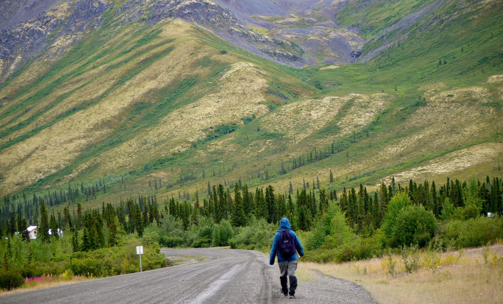 person walking on the road on the scenic Dempster Highway, Yukon